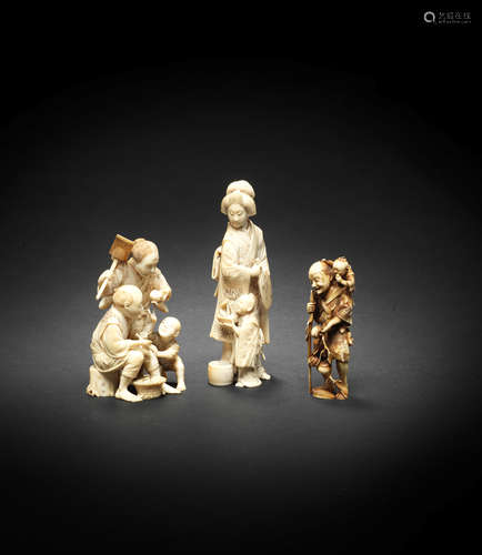 Three ivory okimono figures Meiji era (1868-1912), late 19th/early 20th century