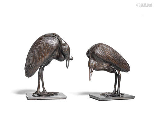 A pair of bronze egrets By Sano Takachika, Meiji era (1868-1912), late 19th/early 20th century