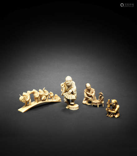 Four small ivory okimono Meiji era (1868-1912), late 19th to early 20th century