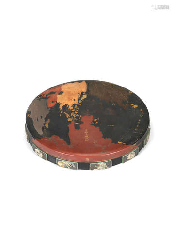 An unusual, inlaid, and lacquered-wood circular suzuribako (box for writing utensils) By a member of the Nomura family, Edo period (1615-1868), 18th/19th century