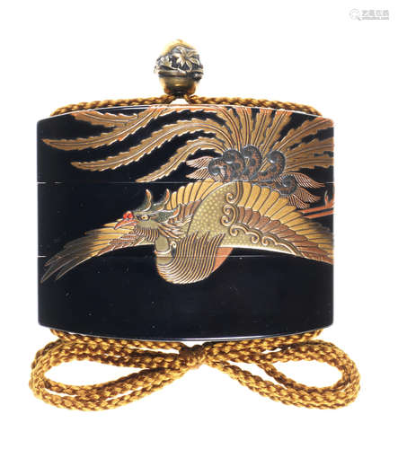 A black-lacquer broad two-case inro By Tatsuke Takamitsu, Edo period (1615-1868), mid-19th century