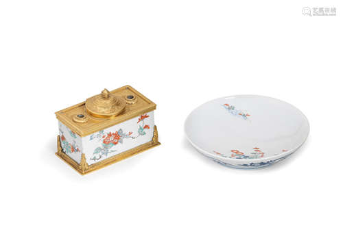 A Kakiemon box mounted as an inkwell and a kakiemon saucer Both Edo period (1615-1868), the box late 17th/early 18th century, the saucer, late 18th/early 19th century