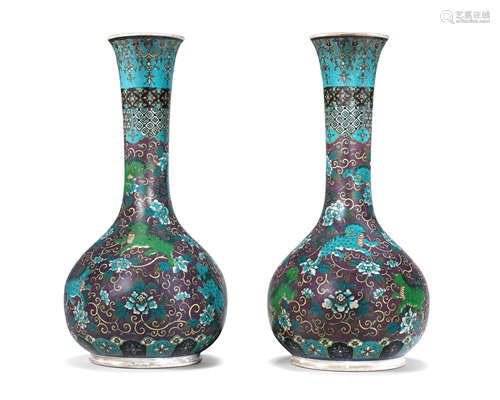 A pair of cloisonné-enamel on porcelain vases By Takeuchi Chubei of Nagoya for the Shippo Gaisha Company, Meiji era (1868-1912), late 19th/early 20th century