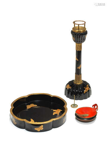 A Black-lacquer matching candlestick and tray with an oil dish Meiji era (1868-1912), late 19th/early 20th century