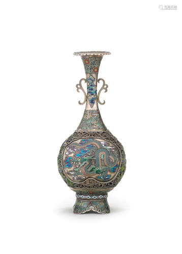 A slender silver and cloisonné-enamel vase By Kin'unken of Kyoto, Meiji era (1868-1912), late 19th/early 20th century