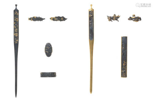 A set of kogai (skewer), fuchi-gashira (matching hilt collar and pommel), and menuki (paired hilt ornaments), and a mitokoromono (kozuka, kogai, and pair of menuki) Goto school; Edo period (1615-1868), late 17th/18th century