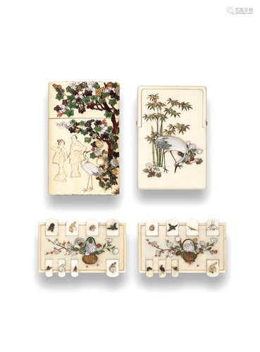 Two ivory and Shibayama-inlaid card cases and two game counters Meiji era (1868-1912), late 19th to early 20th century