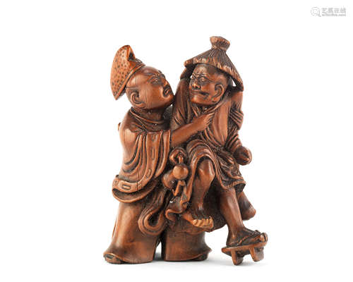 A wood group netsuke of Taira no Tadamori apprehending the oil thief Edo period (1615-1868), late 18th/early 19th century