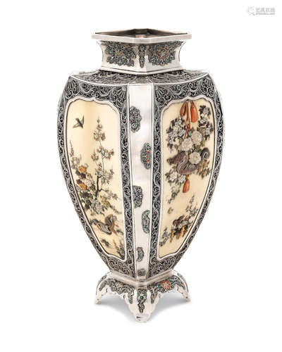 A silver-mounted, ivory, silver filigree and inlaid Shibayama four-sided vase Meiji era (1868-1912), late 19th/early 20th century