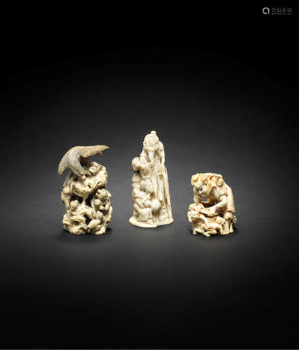 Three ivory okimono figures Meiji era (1868-1912), late 19th to early 20th century