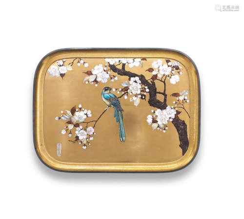 A gold-lacquer Shibayama-inlaid and cloisonné-enamel rounded-rectangular tray By Nakayama Teimin (Gosokusai, born 1848), Meiji era (1868-1912), late 19th/early 20th century