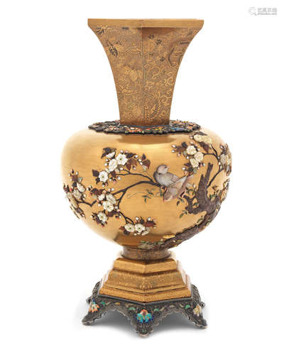 A gold-lacquer, silver-mounted, Shibayama-style vase By Miyamoto, Meiji era (1868-1912), late 19th/early 20th century