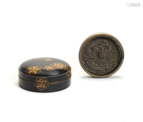 A black-lacquer domed circular kagamibako (mirror box) and cover with a bronze mirror Both Edo period (1615-1868), late 17th/early 18th century, the mirror, probably 19th century