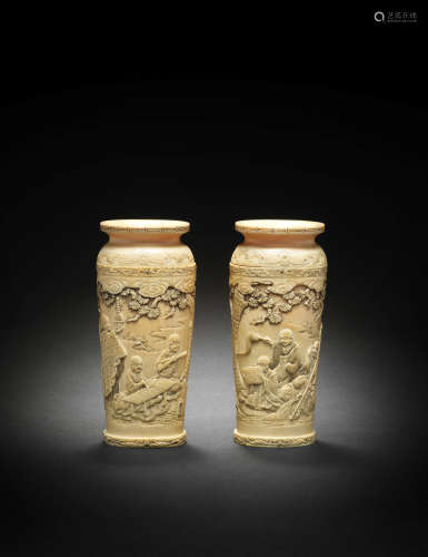 A pair of ivory baluster vases By Kaneyuki, Meiji era (1868-1912), late 19th/early 20th century