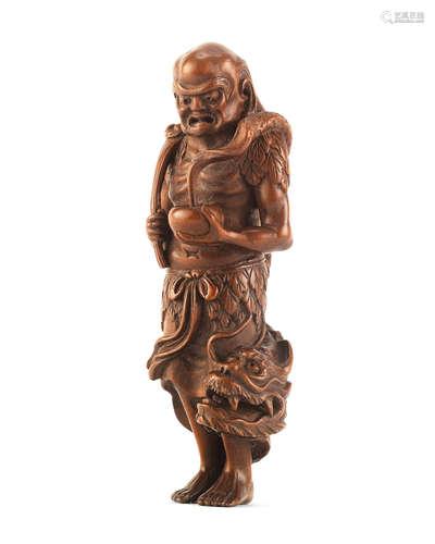 A Tall wood netsuke of Handaka Sonja Edo period (1615-1868), mid-late 19th century