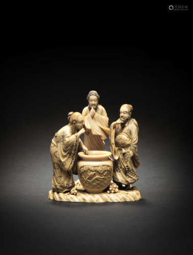 An ivory okimono group of the three sake testers By Ichiyusai Munetoshi/Soju, Meiji era (1868-1912), late 19th/early 20th century