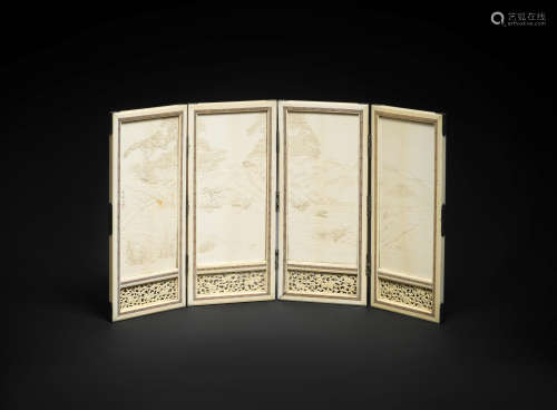 An ivory four-panel folding screen By Otani Mitsutoshi, Meiji era (1868-1912), late 19th/early 20th century