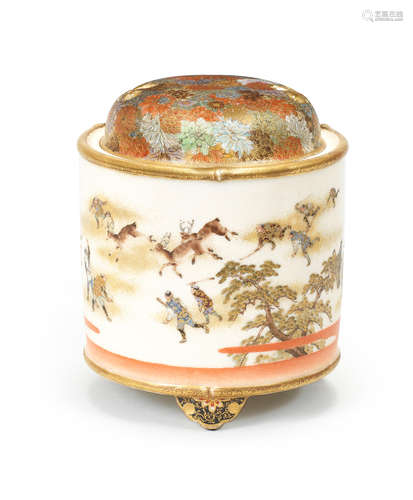 A Satsuma cylindrical koro (incense burner) and en-suite cover with an unusual subject By Yabu Meizan (1853-1934), Meiji era (1868-1912), late 19th/early 20th century