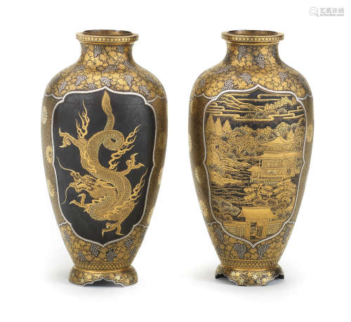 A pair of small inlaid iron ovoid vases By the Komai Company of Kyoto, Meiji era (1868-1912), late 19th/early 20th century