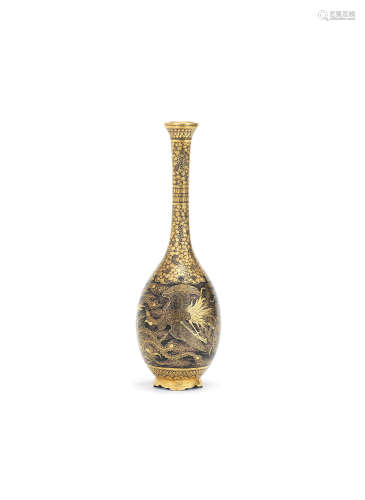 A slender inlaid iron pear vase By the Komai Company of Kyoto, Meiji era (1868-1912), late 19th/early 20th century