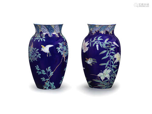 A pair of enamelled porcelain baluster vases Painted by Ogawa for the Takifuji Company of Yokohama, Meiji era (1868-1912), late 19th/early 20th century