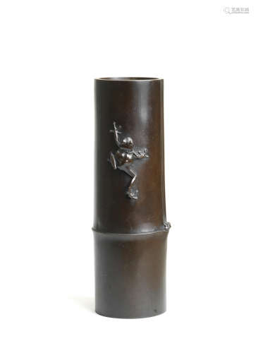 A Bronze cylindrical vase in the form of a bamboo By Tamura Seiun, Meiji (1868-1912) or Taisho (1912-1926) era, early 20th century
