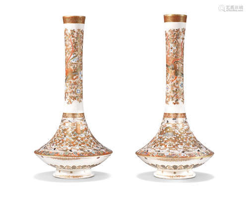 A pair of Satsuma tall slender vases By Yozan, Meiji era (1868-1912), late 19th/early 20th century