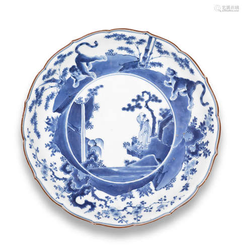 A blue-and-white kakiemon-style large flori-rimmed dish Edo period (1615-1868), circa 1700