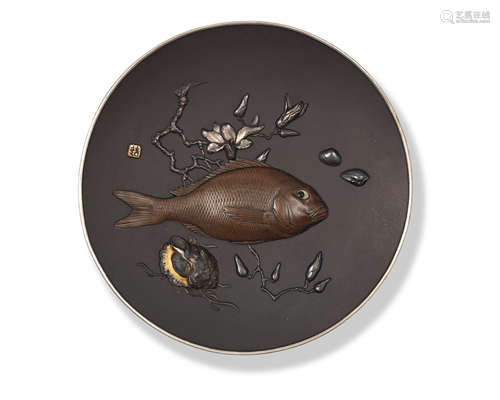 An inlaid bronze dish By Katsuhiro, Meiji era (1868-1915), late 19th/early 20th century