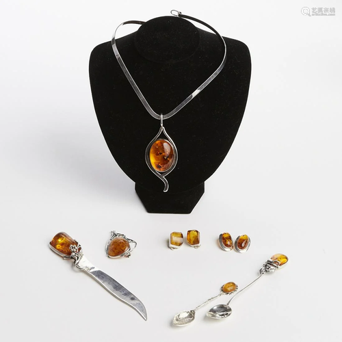 Grp: Art Nouveau Amber Sterling Silver Jewelry &