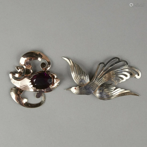 Grp: 2 20th c. Silver Gilt Rhinestone Bird Pins