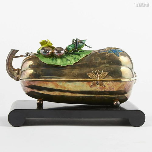 Chinese Gilt & Enameled Silver Melon (Squash) Box w/