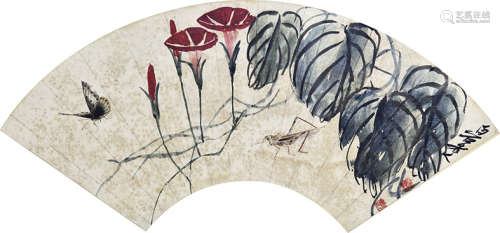 齐白石（款） 花卉扇面  设色纸本 镜框