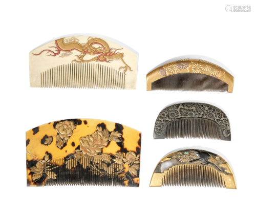FIVE MISCELLANEOUS MATERIAL COMBS, JAPAN, M…