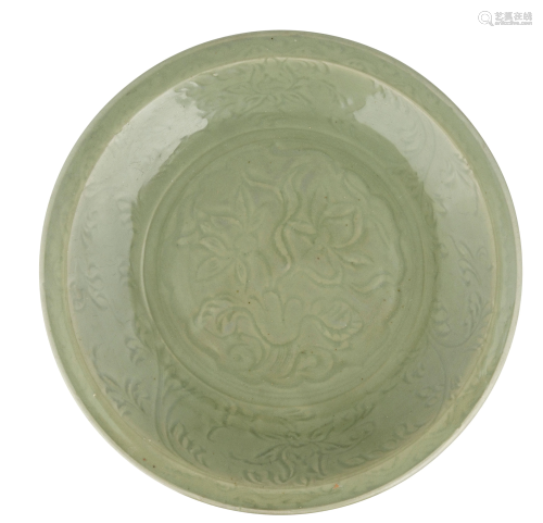 A LARGE CARVED CELADON LONGQUAN DISH…