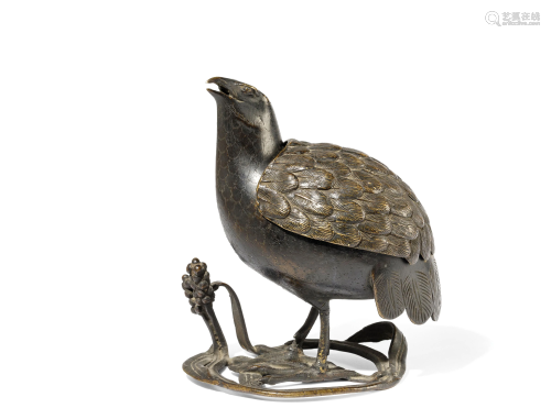 A PARTIALLY GILT-BRONZE QUAIL SHAPE CENS…