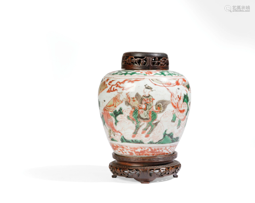 A WUCAI PORCELAIN JAR AND WOOD COVER, CHI…