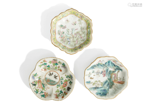 THREE FAMILLE ROSE STEM LOBED DISHES, CHINA,…
