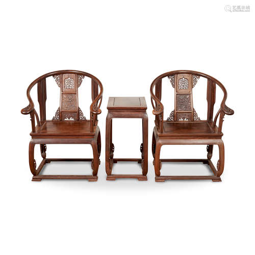 A suite of two rosewood chairs and a tea stand  20th century