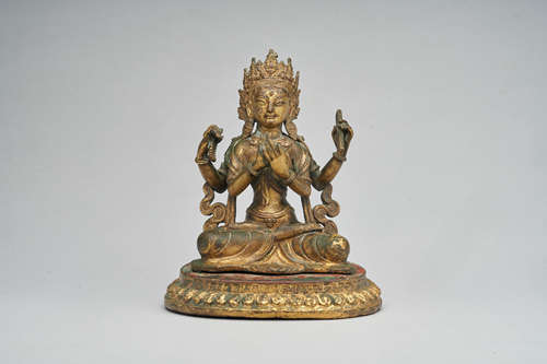 A gilt copper alloy figure of Prajnaparamita  Nepal, dated by inscription 1753