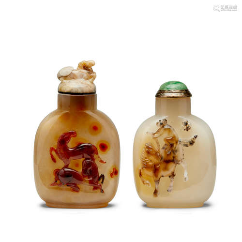 Two carved agate snuff bottles