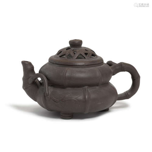 A double gourd bamboo style yixing teapot  Late Qing/Republic period