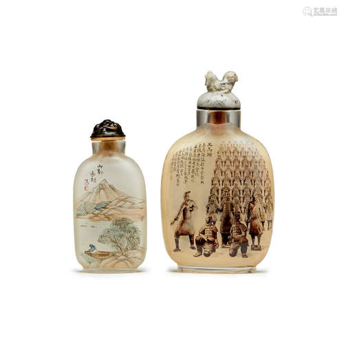 Two contemporary inside-painted glass snuff bottles