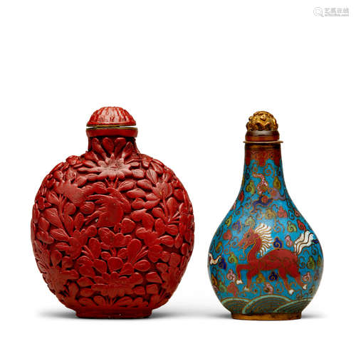 A cloisonné enameled bottle and a carved cinnabar lacquer snuff bottle  19th/early 20th century