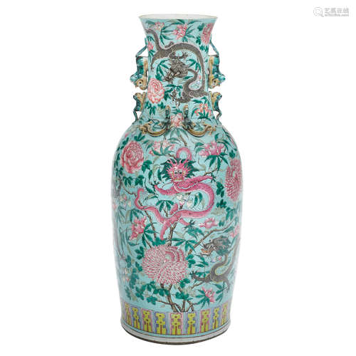 A polychrome enamel decorated dragon and peony floor vase   Late Qing/Republic period