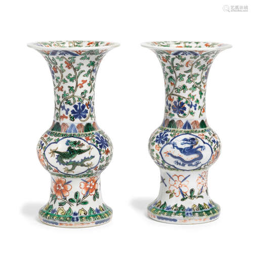 A pair of wucai enameled porcelain beaker vases  Wanli marks, 19th century