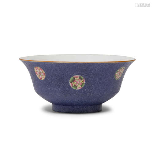 A blue ground and famille rose enameled porcelain bowl with 'overlapping flower-head' design  Qianlong mark, late Qing/Republic period