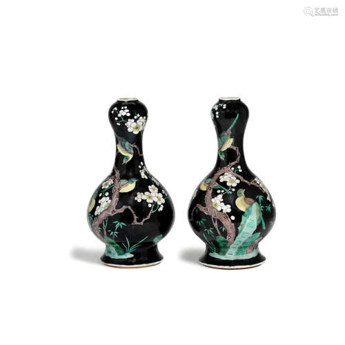 A pair of famille noire garlic headed vases  Late 19th century