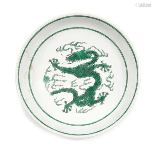 A GREEN ENAMELED DRAGON DISH  Daoguang mark and period