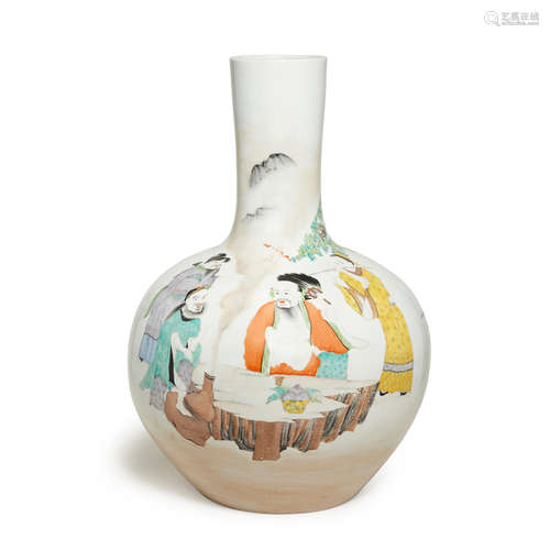 A polychrome enameled stick neck vase, Tianqiuping  Qianlong mark